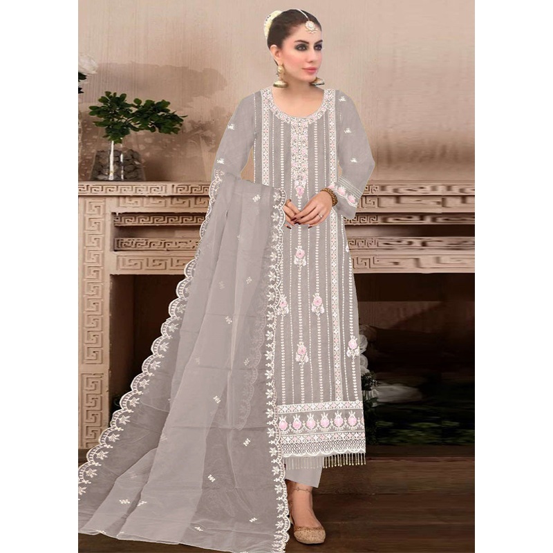 3 Pc Beige Semi Stitched Georgette Suit Set - JD986603304