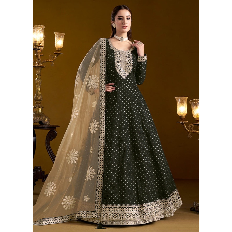 3 Pc Black Semi Stitched Chanderi Suit Set - JD986603302