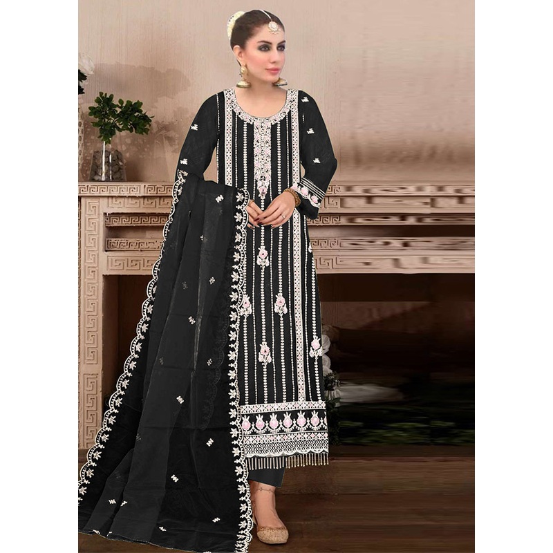 3 Pc Black Semi Stitched Georgette Suit Set - JD986603300