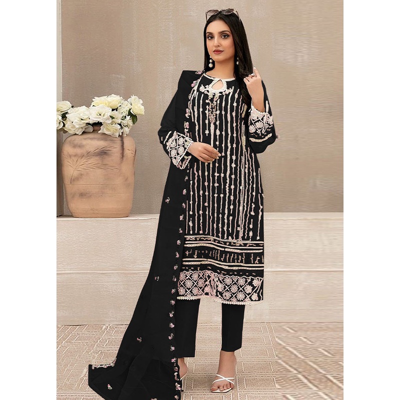 3 Pc Black Semi Stitched Georgette Suit Set - JD986603301