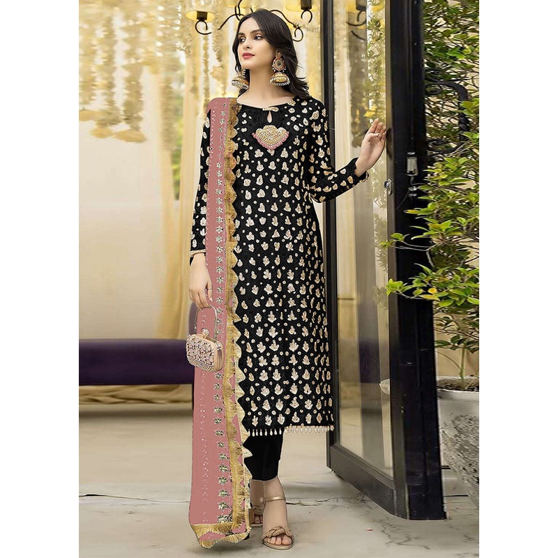 3 Pc Black Semi Stitched Georgette Suit Set - JD986603448