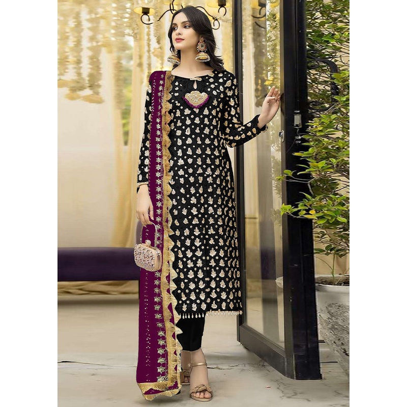 3 Pc Black Semi Stitched Georgette Suit Set - JD986603449