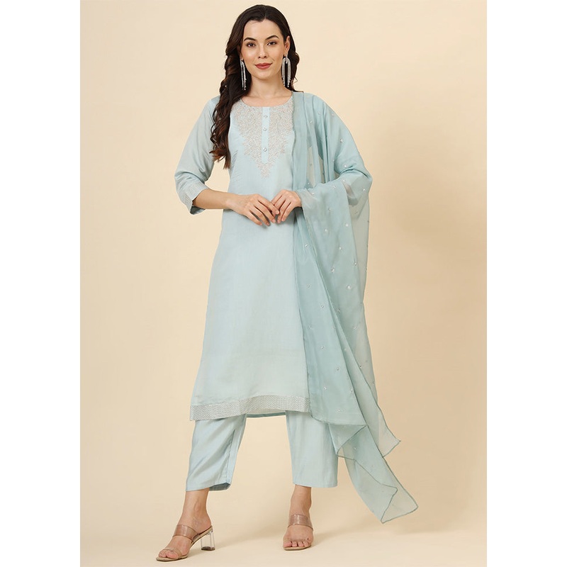 3 Pc Blue Readymade Silk Suit Set - JD986603424