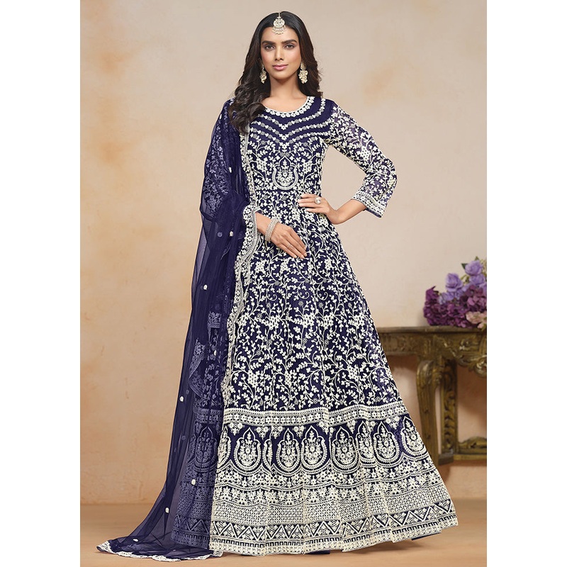 3 Pc Blue Semi Stitched Net Suit Set - JD986603299