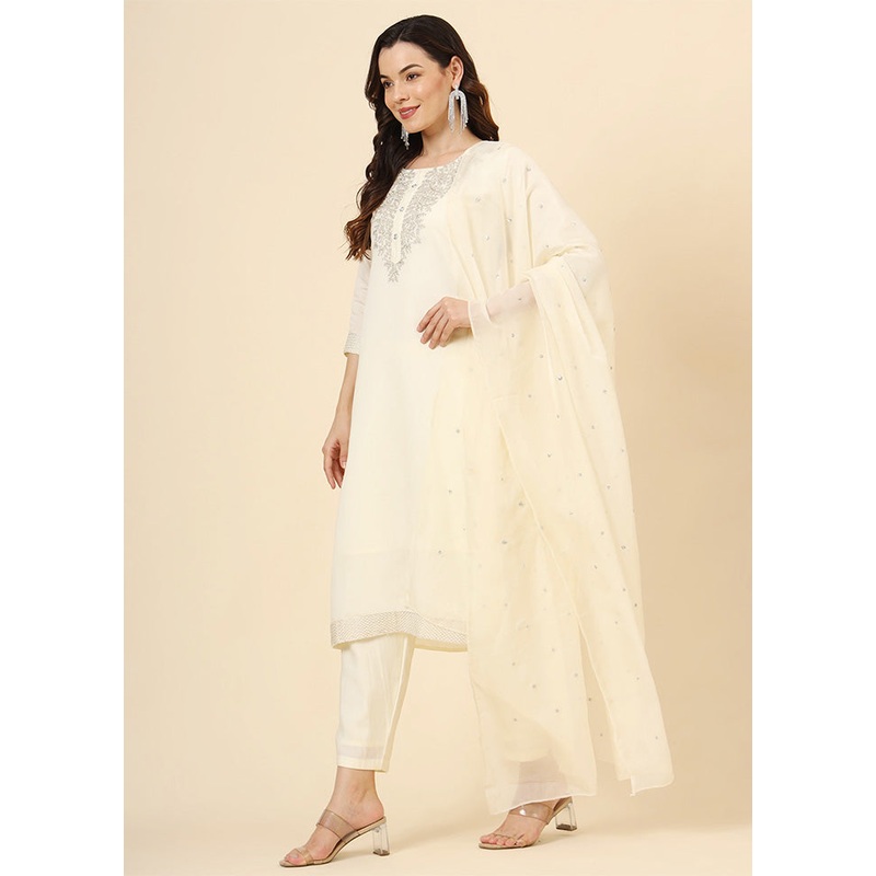 3 Pc Cream Readymade Silk Suit Set - JD986603423