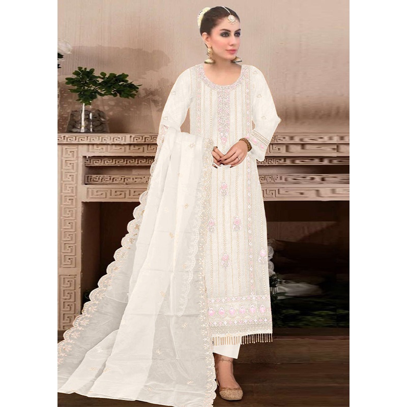 3 Pc Cream Semi Stitched Georgette Suit Set - JD986603298