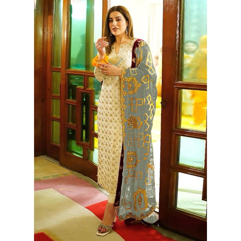 3 Pc Cream Semi Stitched Georgette Suit Set - JD986603435