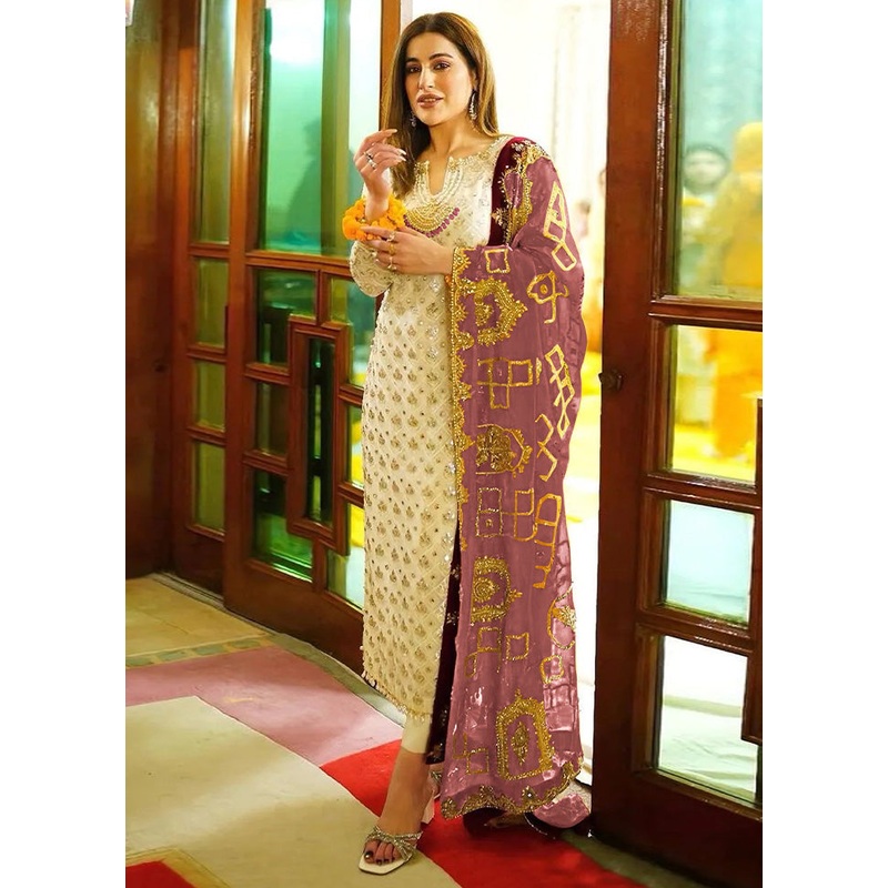 3 Pc Cream Semi Stitched Georgette Suit Set - JD986603436