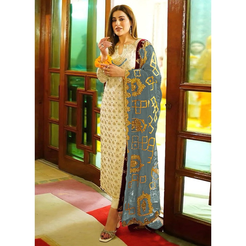 3 Pc Cream Semi Stitched Georgette Suit Set - JD986603437