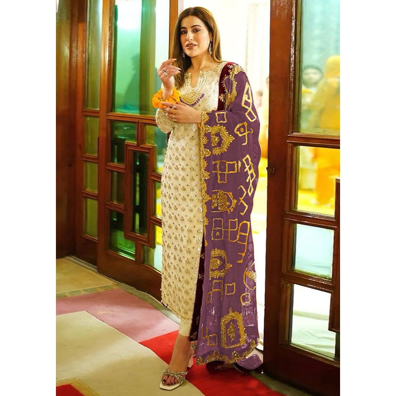 3 Pc Cream Semi Stitched Georgette Suit Set - JD986603438
