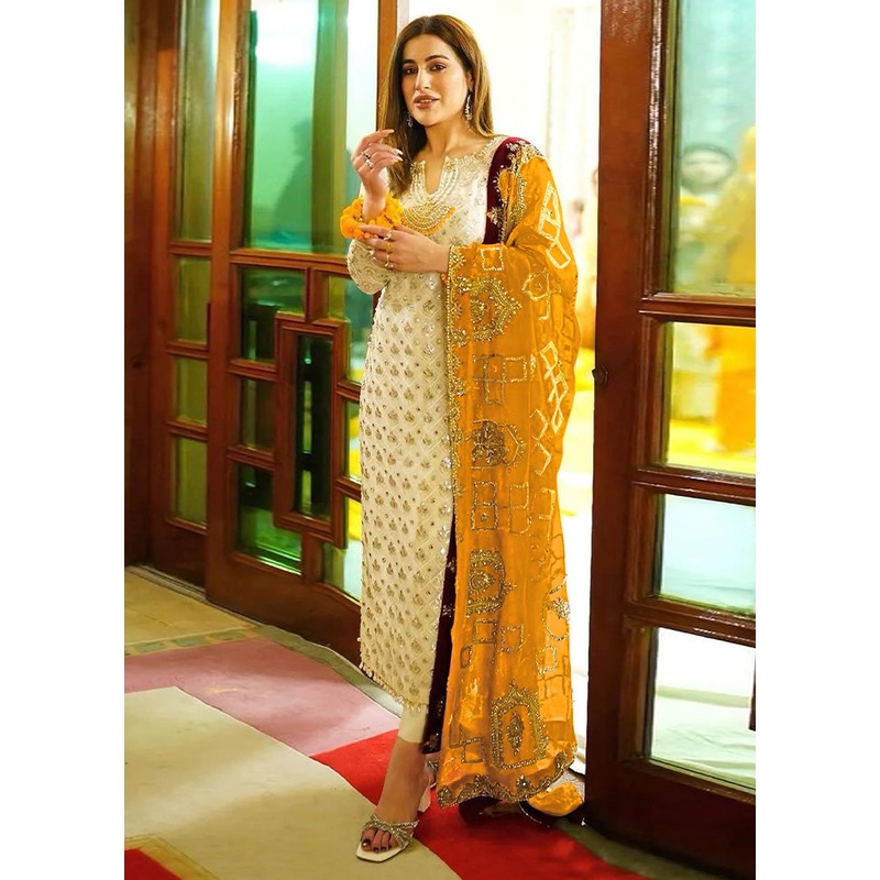 3 Pc Cream Semi Stitched Georgette Suit Set - JD986603439