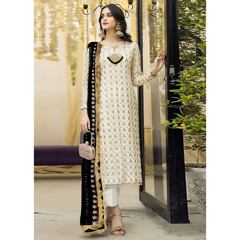 3 Pc Cream Semi Stitched Georgette Suit Set - JD986603440