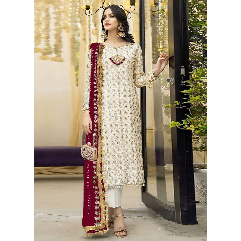 3 Pc Cream Semi Stitched Georgette Suit Set - JD986603442