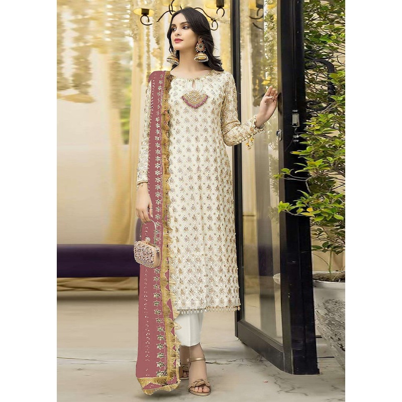 3 Pc Cream Semi Stitched Georgette Suit Set - JD986603444