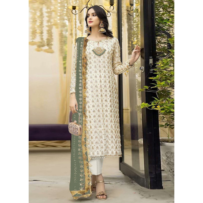 3 Pc Cream Semi Stitched Georgette Suit Set - JD986603445