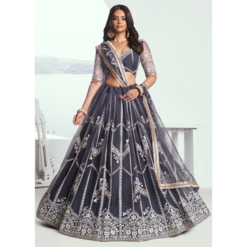 3 Pc Dark Grey Net Semi Stitched Lehenga Set - JD986603421