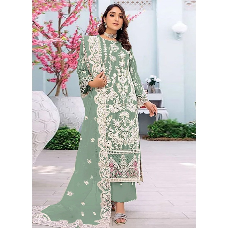 3 Pc Green Semi Stitched Georgette Suit Set - JD986603296