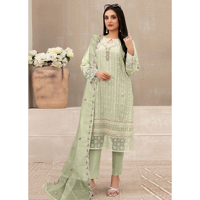 3 Pc Green Semi Stitched Georgette Suit Set - JD986603433