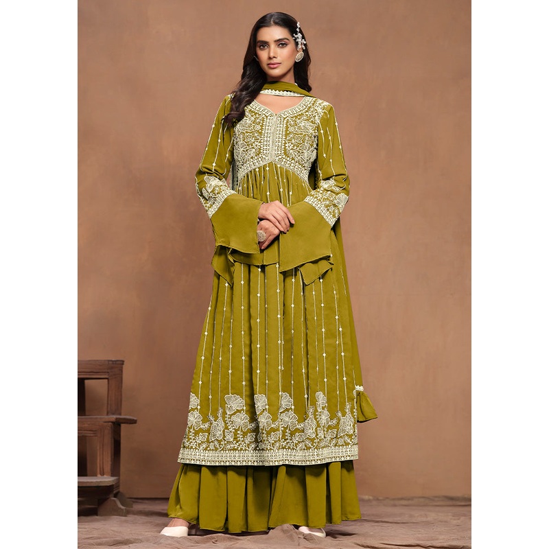 3 Pc Green Semi Stitched Georgette Suit Set - JD986603434