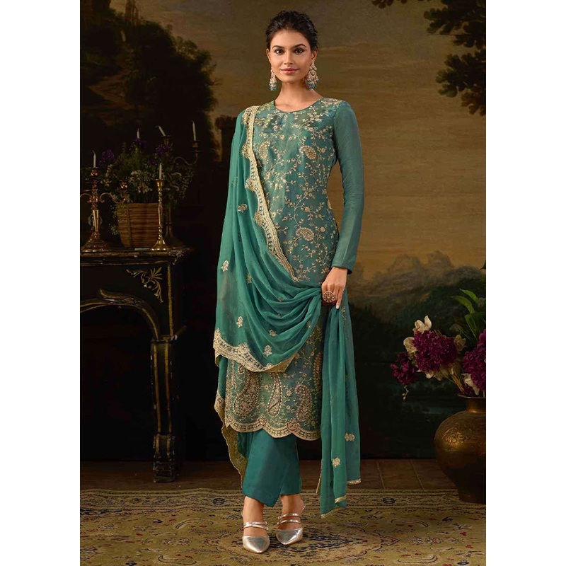 3 Pc Green Semi Stitched Silk Suit Set - JD986603432