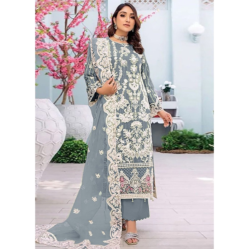 3 Pc Grey Semi Stitched Georgette Suit Set - JD986603295