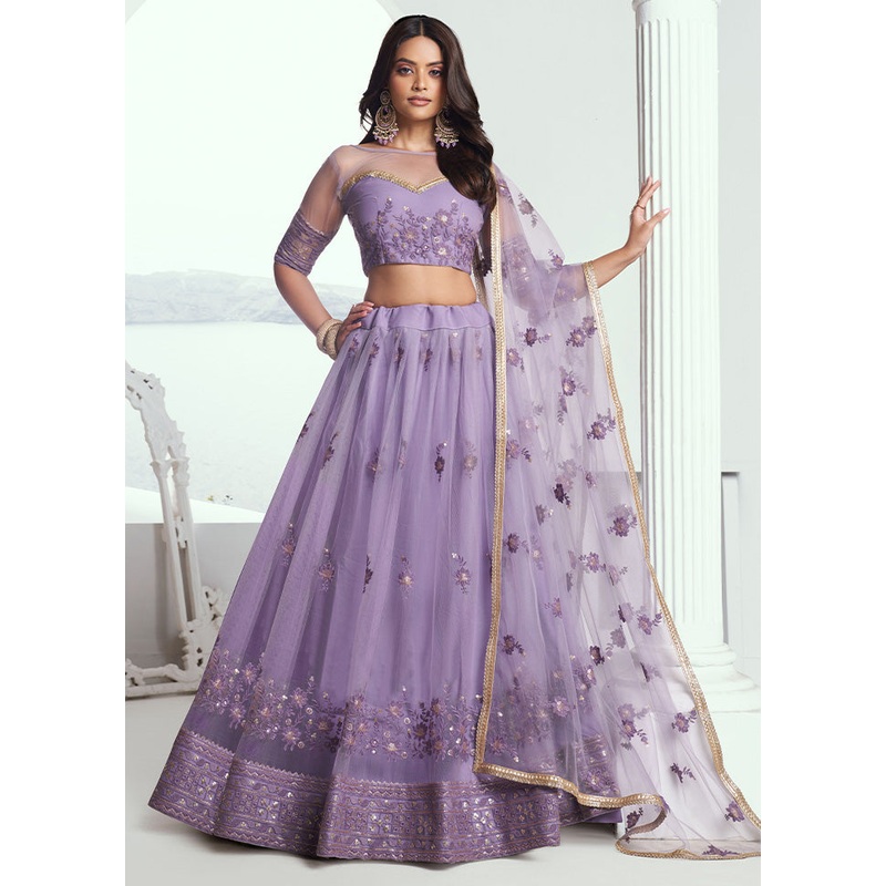 3 Pc Lavender Net Semi Stitched Lehenga Set - JD986603420
