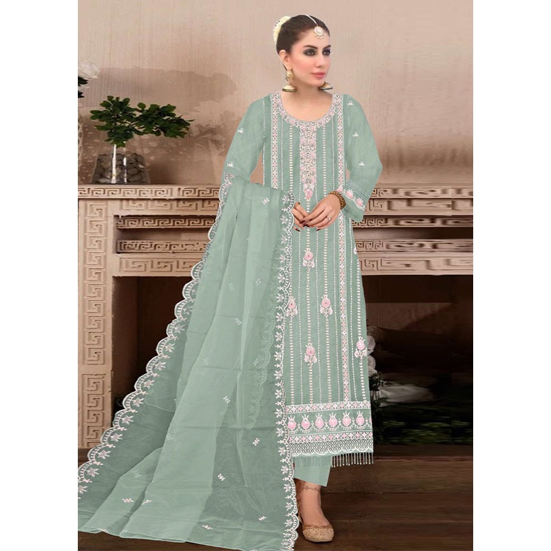 3 Pc Light Green Semi Stitched Georgette Suit Set - JD986603294