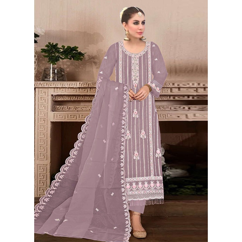 3 Pc Light Purple Semi Stitched Georgette Suit Set - JD986603293