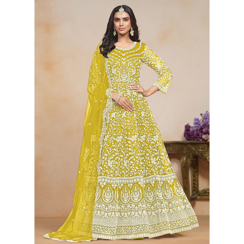 3 Pc Lime Green Semi Stitched Net Suit Set - JD986603292