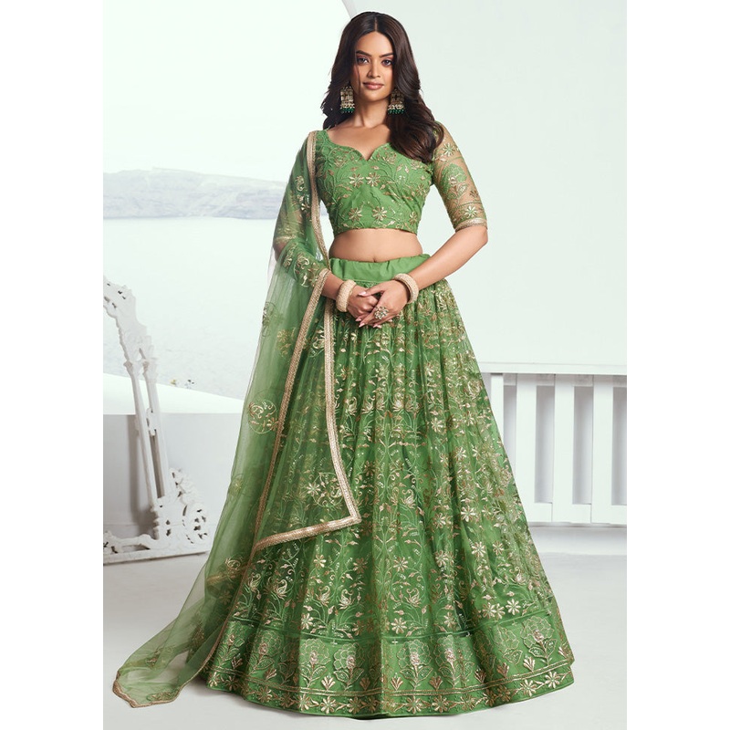 3 Pc Pista Green Net Semi Stitched Lehenga Set - JD986603419