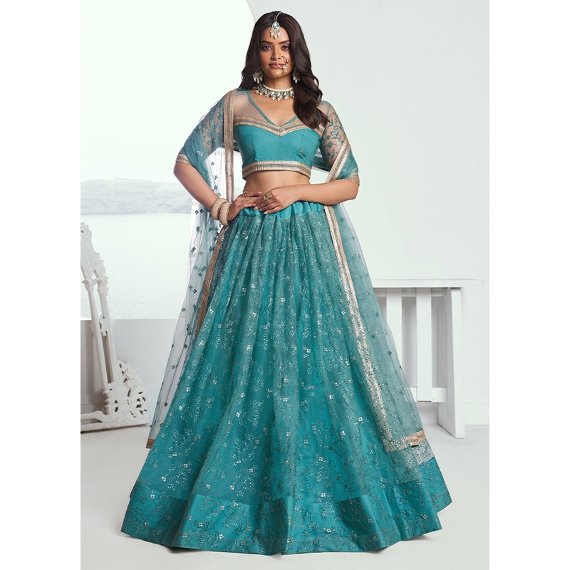 3 Pc Rama Net Semi Stitched Lehenga Set - JD986603418