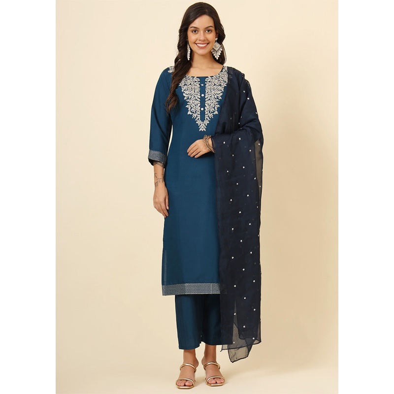 3 Pc Teal Readymade Silk Suit Set - JD986603422