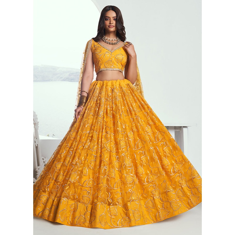 3 Pc Yellow Net Semi Stitched Lehenga Set - JD986603417