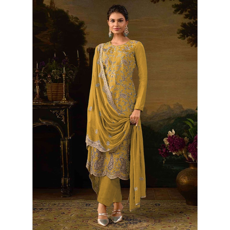 3 Pc Yellow Semi Stitched Silk Suit Set - JD986603425