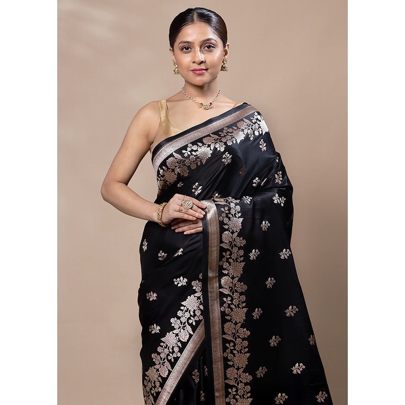Black Katan Silk Saree With Blouse Piece - JD986603399