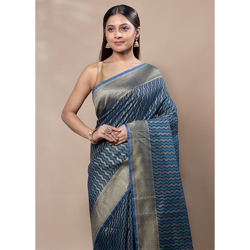 Blue Kora Silk Saree With Blouse Piece - JD986603392