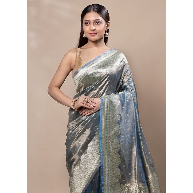 Blue Tissue Silk Saree With Blouse Piece - JD986603389