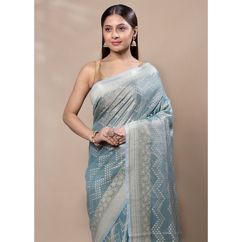 Blue Tissue Silk Saree With Blouse Piece - JD986603390