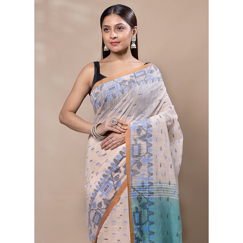 Cream Cotton Saree With Blouse Piece - JD986603387