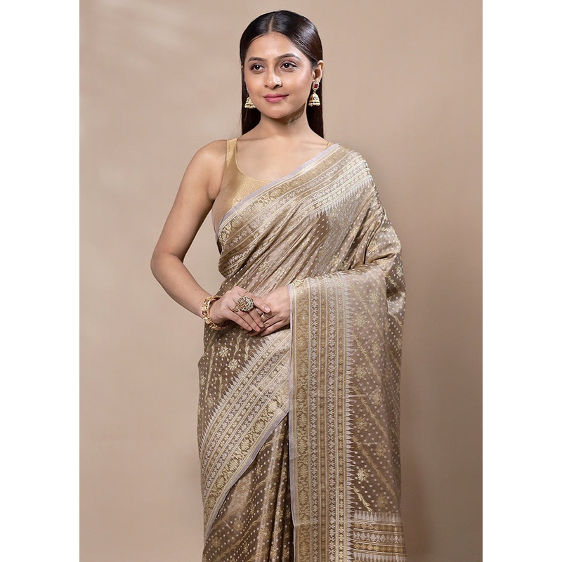 Golden Tissue Silk Saree With Blouse Piece - JD986603385