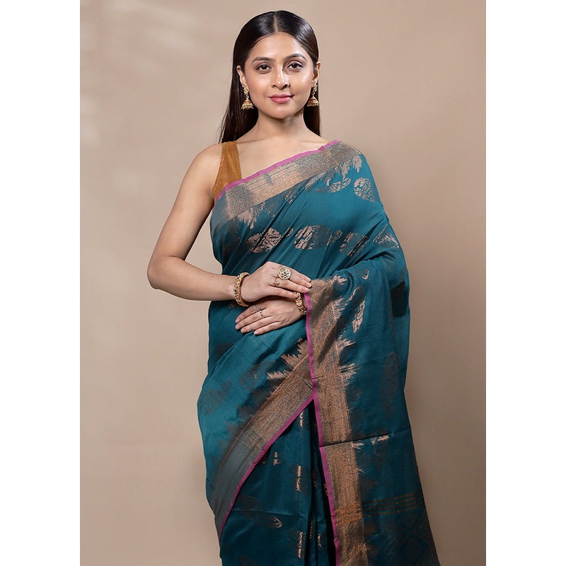 Green Cotton Saree With Blouse Piece - JD986603375