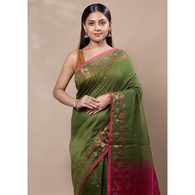 Green Cotton Saree With Blouse Piece - JD986603376