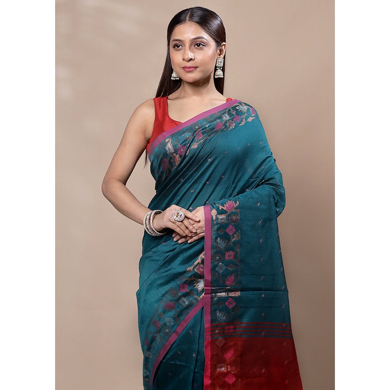 Green Cotton Saree With Blouse Piece - JD986603377