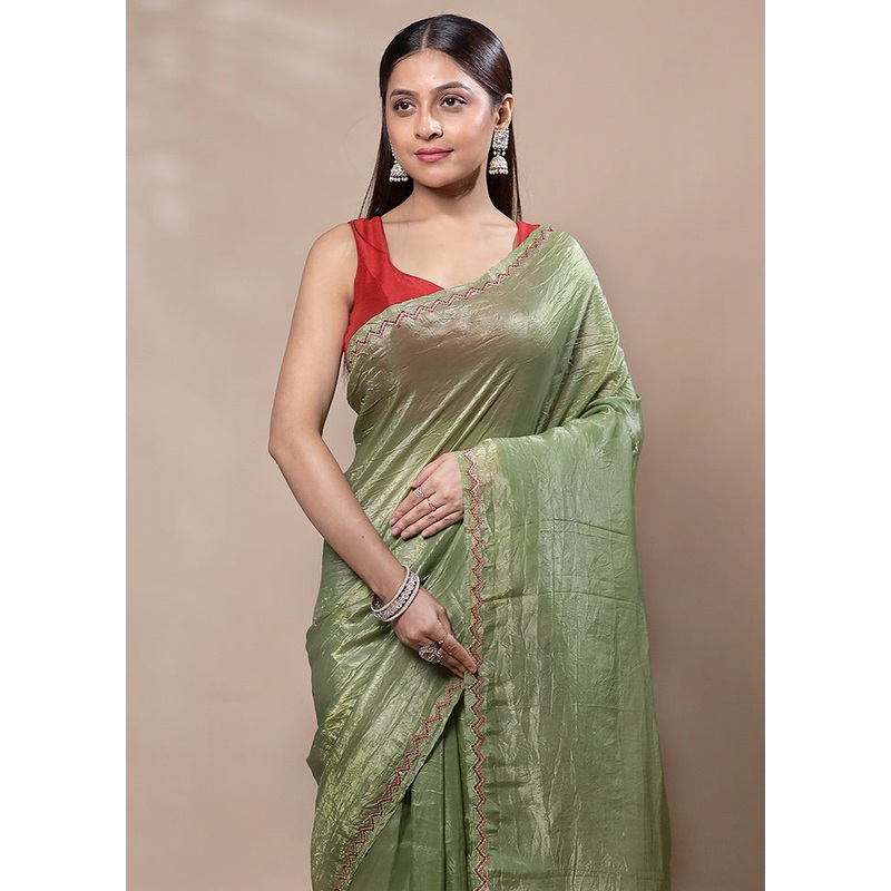 Green Crushed Tissue Silk Saree With Blouse Piece - JD986603384