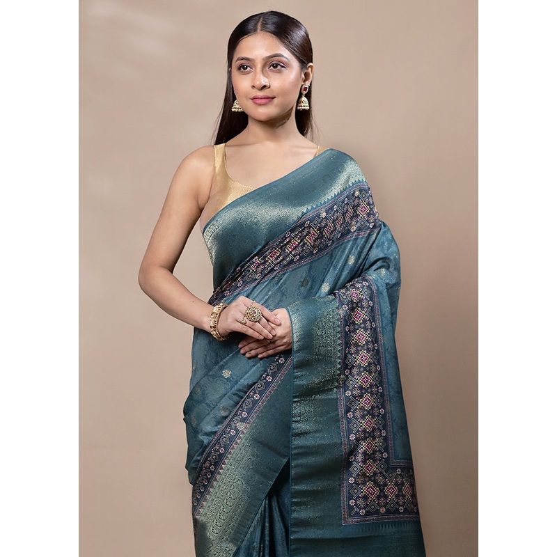 Green Dupion Silk Saree With Blouse Piece - JD986603383
