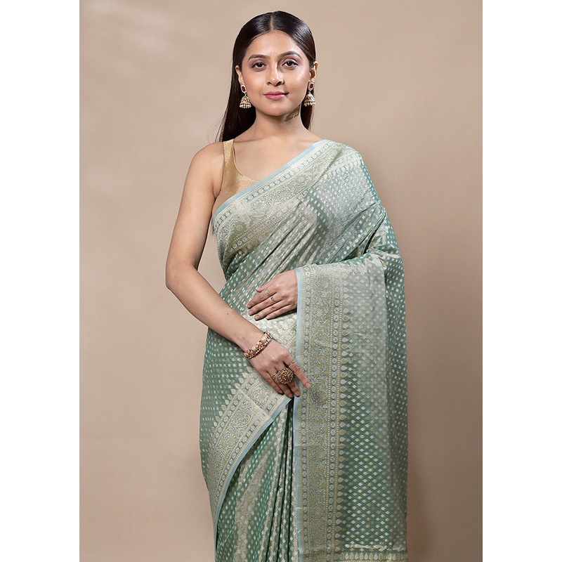 Green Tissue Silk Saree With Blouse Piece - JD986603370