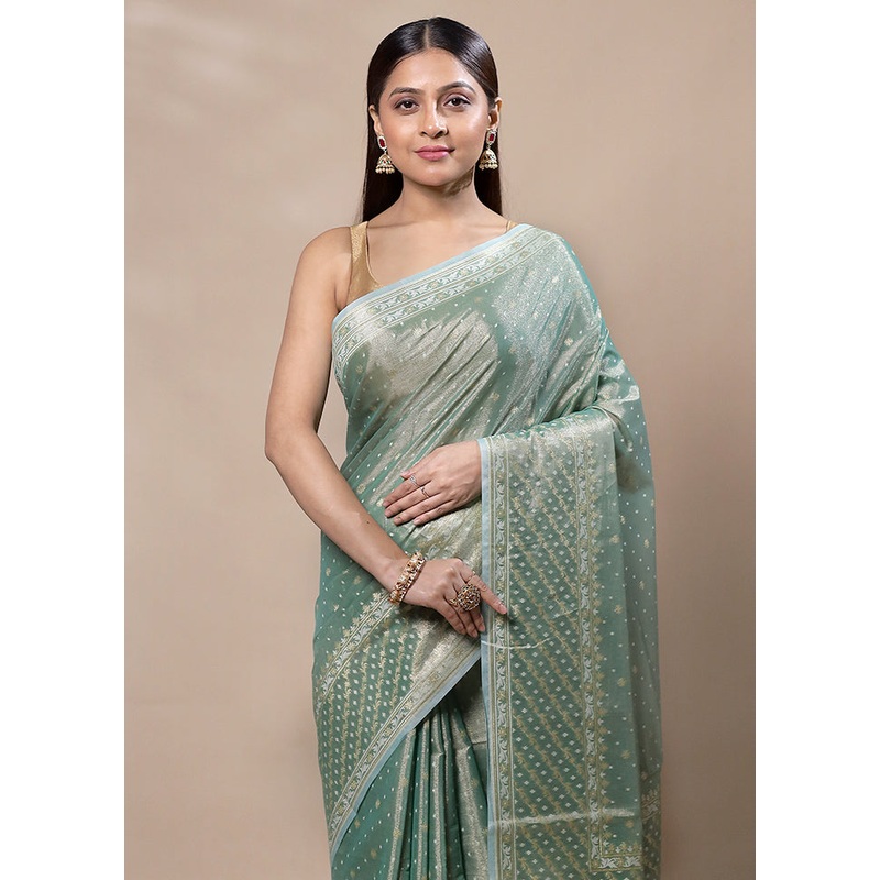 Green Tissue Silk Saree With Blouse Piece - JD986603371
