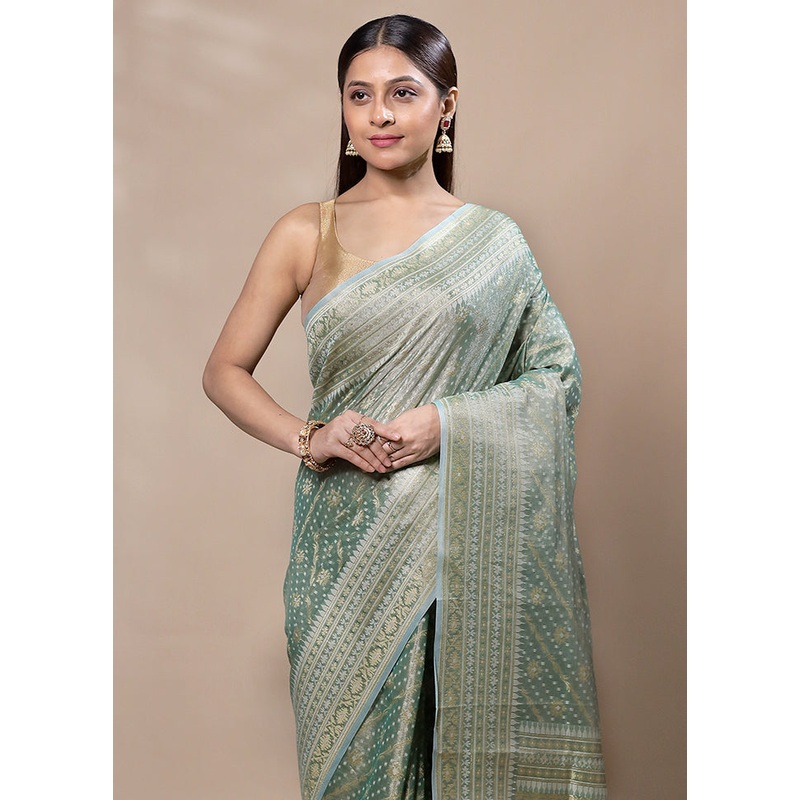 Green Tissue Silk Saree With Blouse Piece - JD986603372