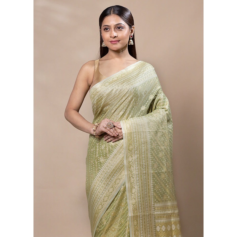 Green Tissue Silk Saree With Blouse Piece - JD986603373
