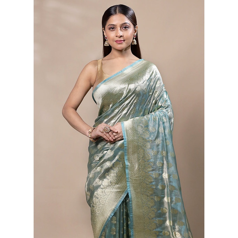 Green Tissue Silk Saree With Blouse Piece - JD986603374